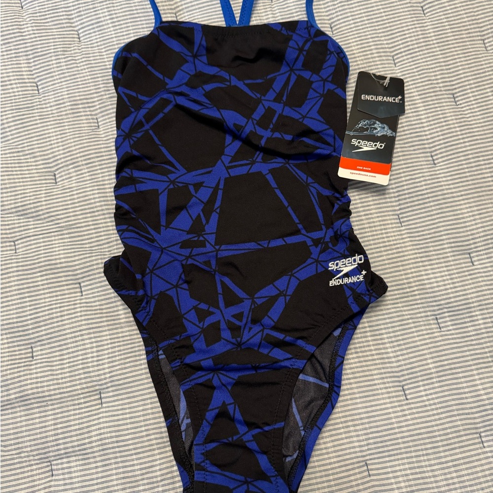 Speedo Black and Royal Blue Geometric One-Piece Swimsuit